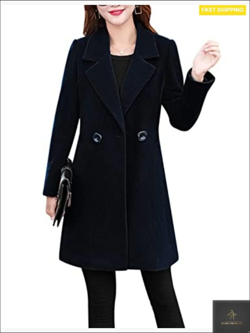 Elegant Notched Collar Wool Blend Long Pea Coat Overcoat Slim Fit Classic